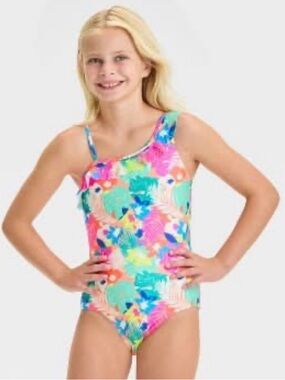 Cat & Jack Ruffle Shoulder Colorful Swimsuit Sz M(8)